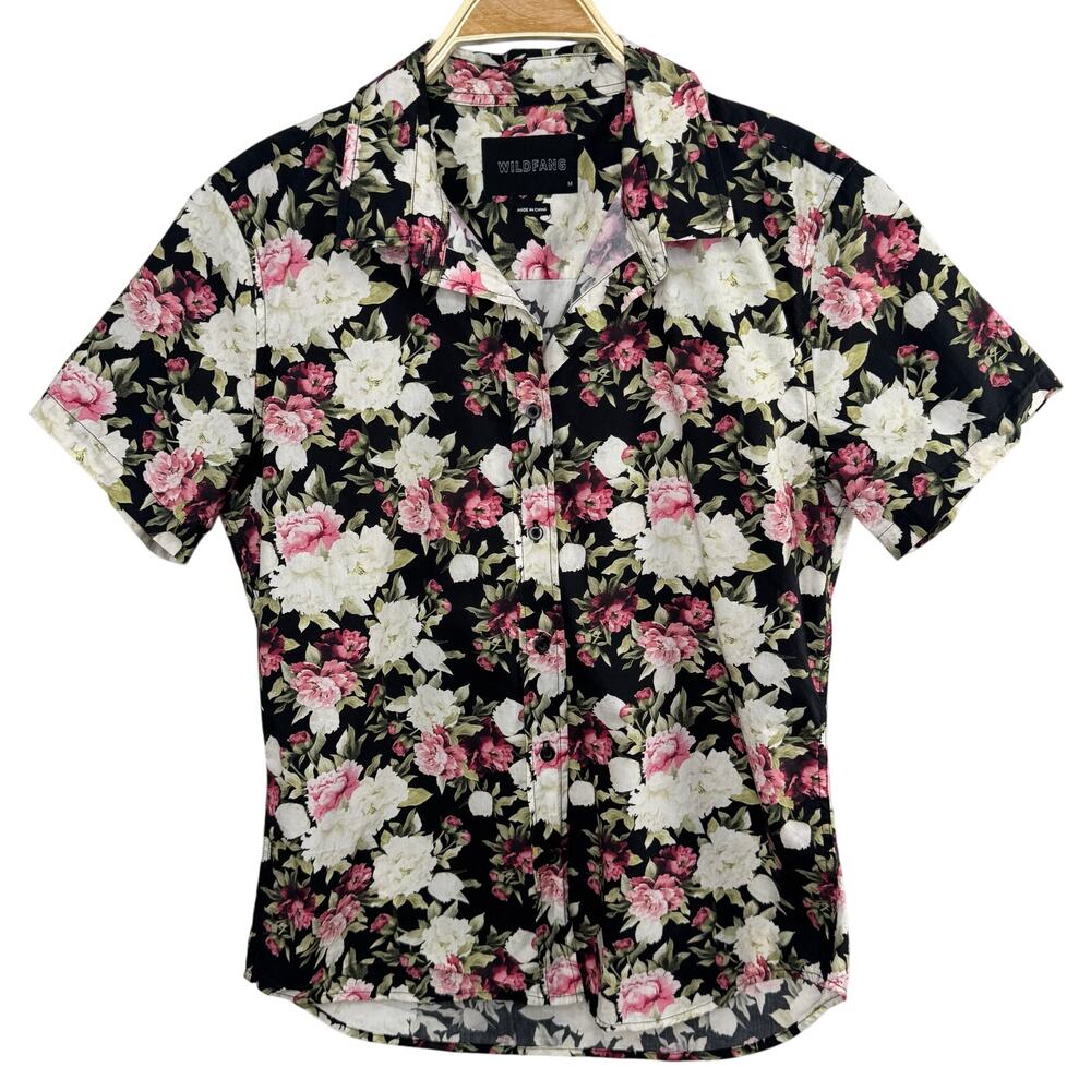 Wildfang Short Sleeve Button Up Shirt Women Medium Black Floral Casual Cotton